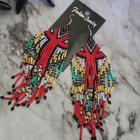 Handmade Native American-Style Beaded Tassel Fashion* Earrings Extra Long 1 pair - Picture 1 of 17